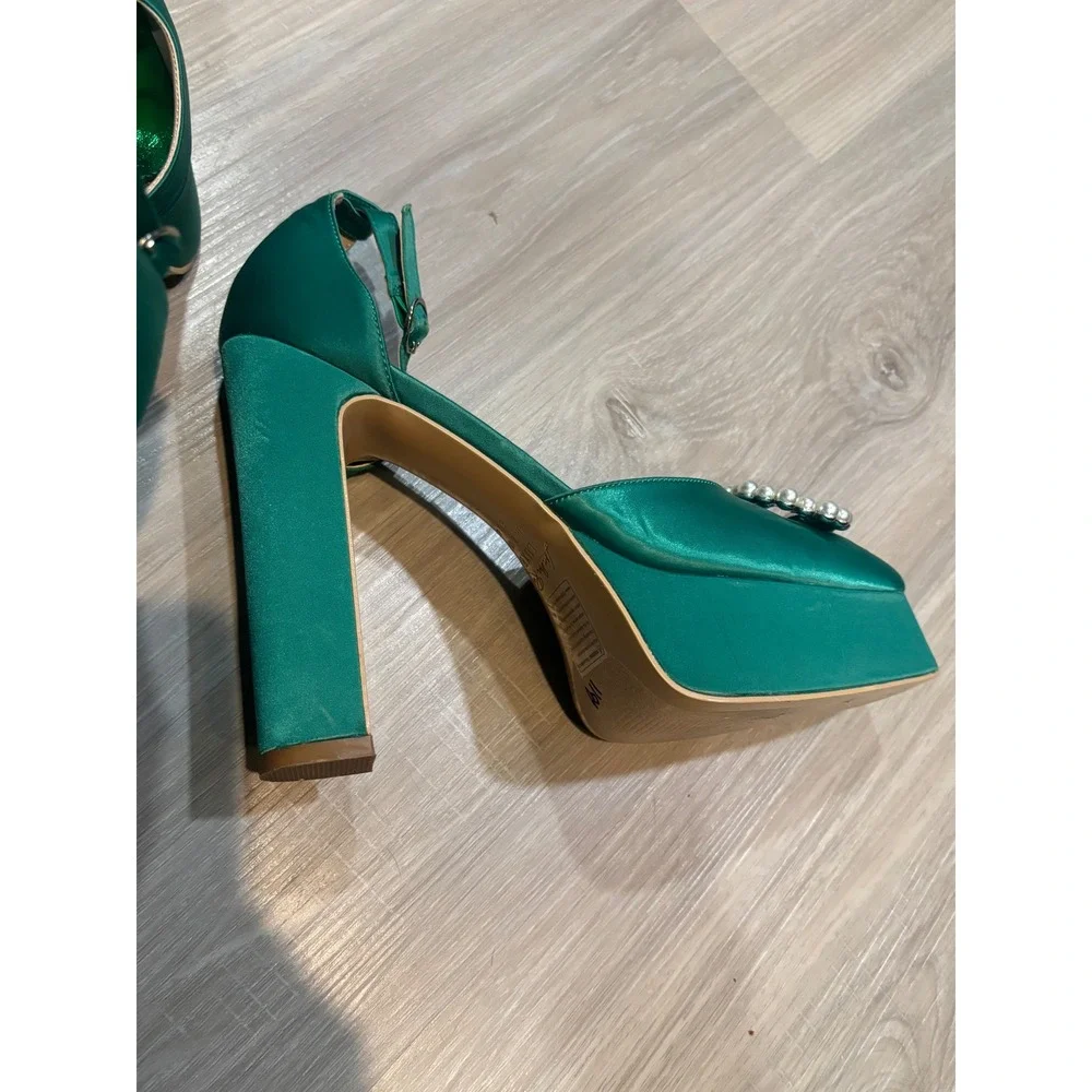 Emerald Green Satin Platform Pumps Pearl Buckle Ankle Strap Block HeelPointedToe